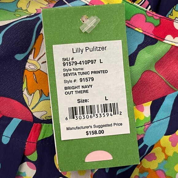 Lilly Pulizer Large Sevita Printed Silk Tunic in Bright Navy Out There NWT - Picture 6 of 8